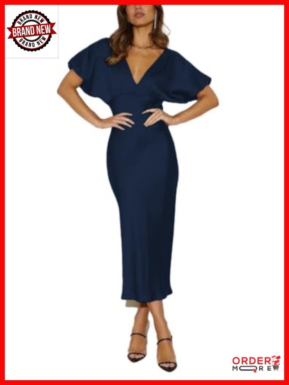 Satin V Neck Puffy Sleeve Empire Waist Midi Dress Tie Back Formal Cocktail